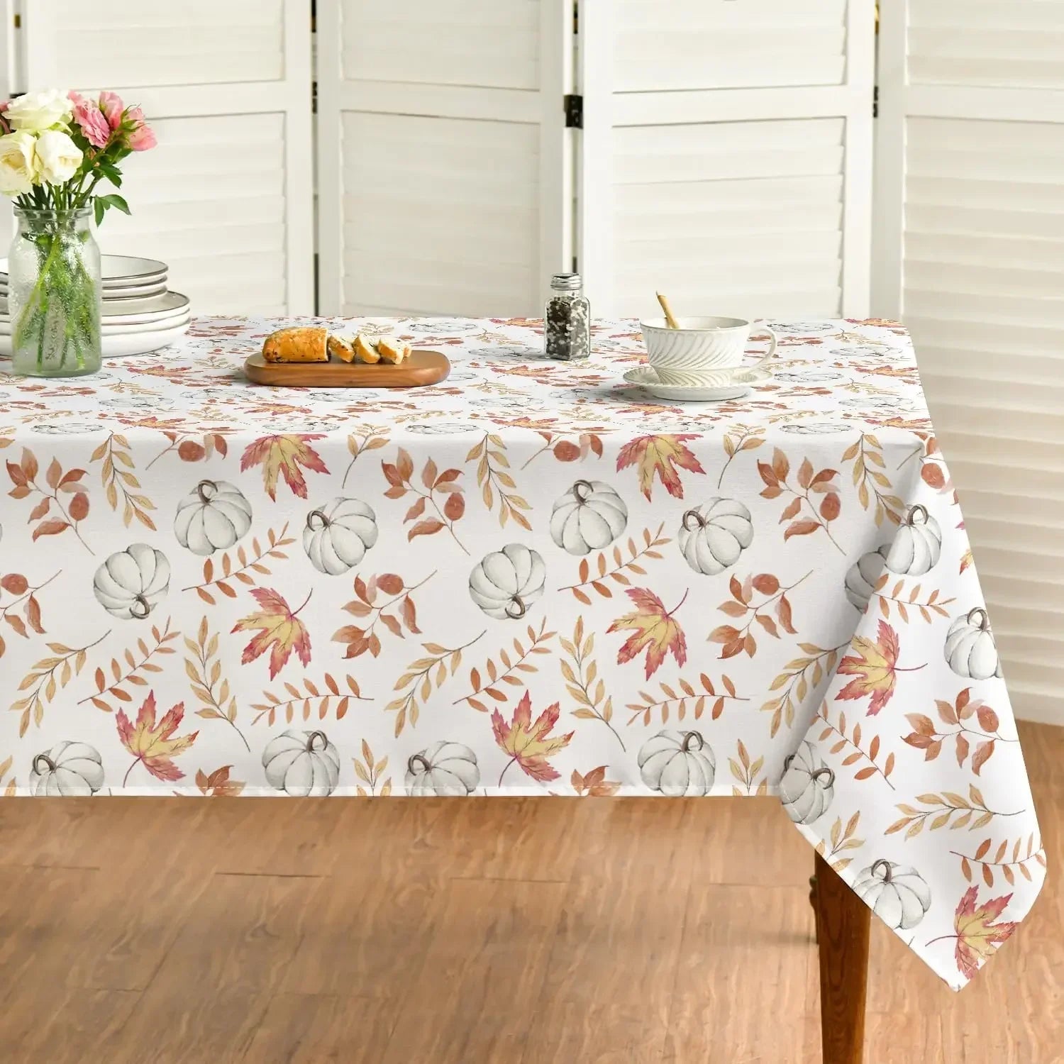 Thanksgiving/Autumn Harvest Blue Pumpkins and Leaves Waterproof Tablecloth