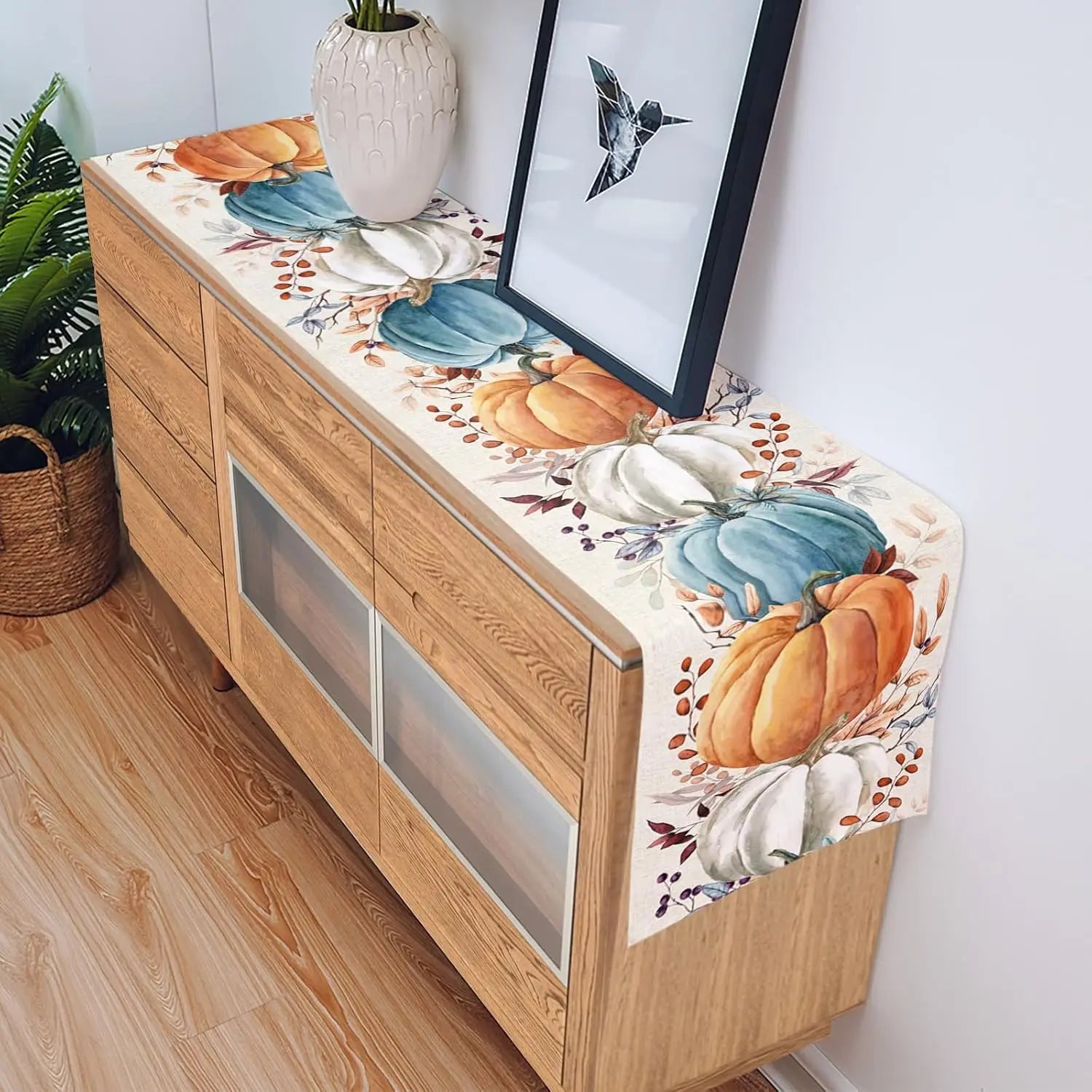 Linen Table Runner Colorful Pumpkins with Eucalyptus Leaves