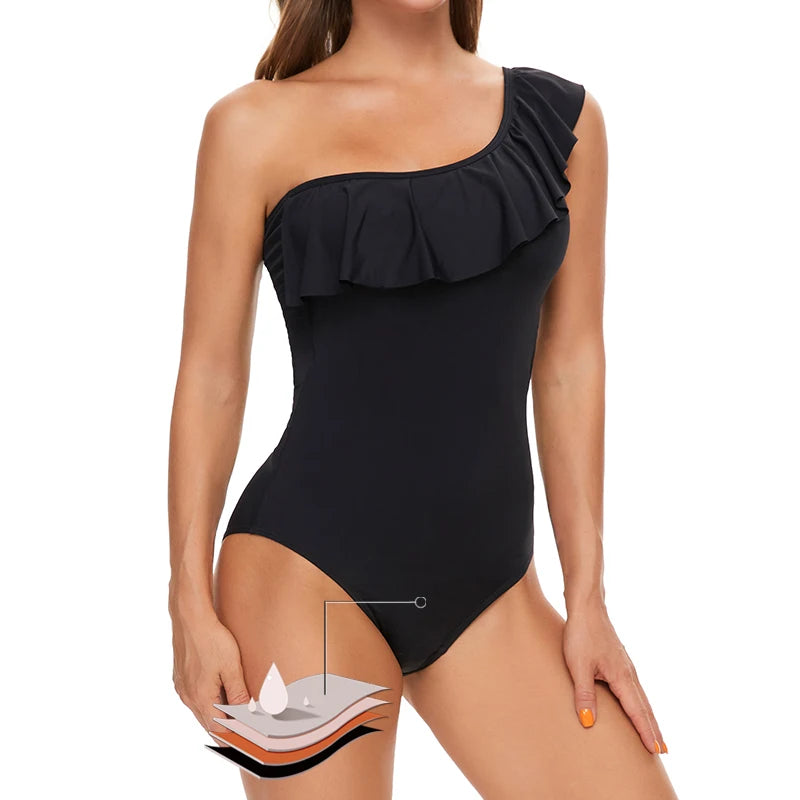 Solid Black Ruffled One-piece Swimsuit