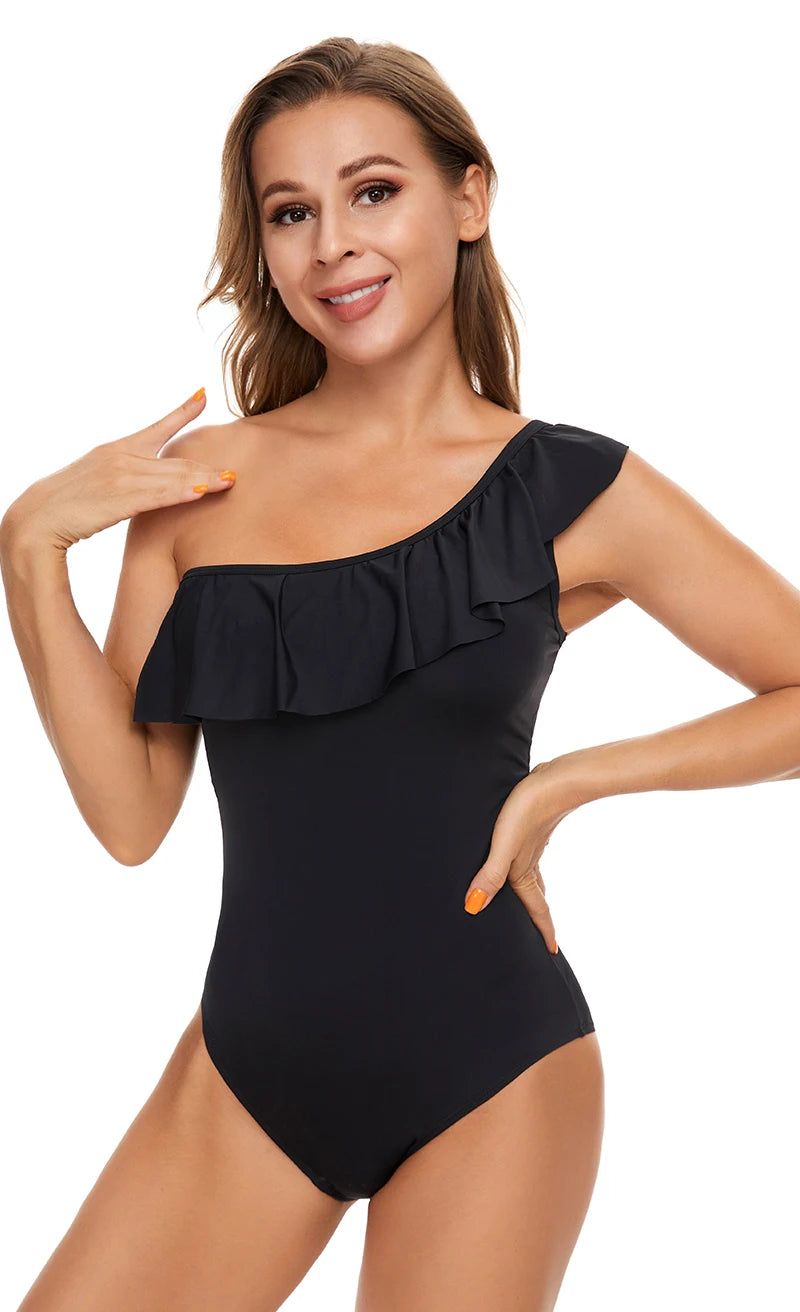 Solid Black Ruffled One-piece Swimsuit