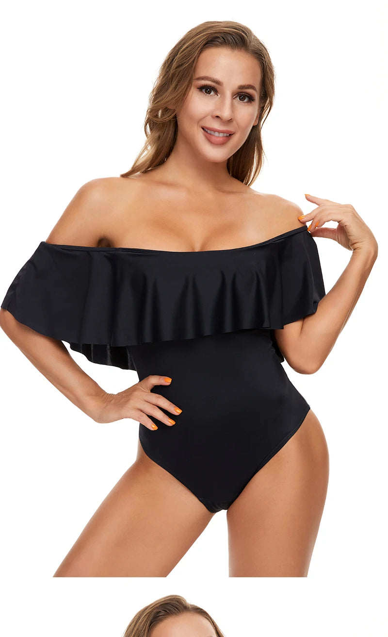 Solid Black Ruffled One-piece Swimsuit